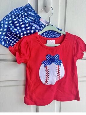 Stitchy Fish Girls Baseball Outfit 18M Red Shirt Blue Polka Dot Shorts Bow Set